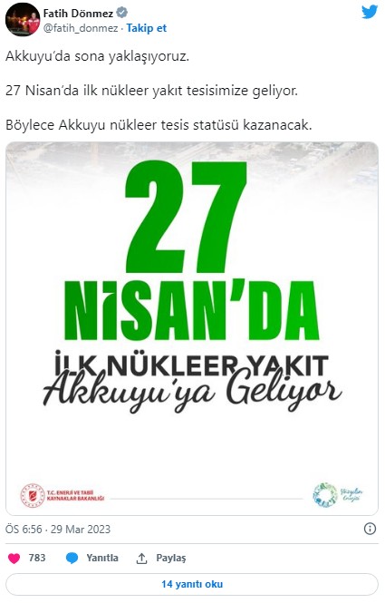 Bakan Dönmez duyurdu: Akkuyu'ya 27 Nisan'da nükleer yakıt geliyor